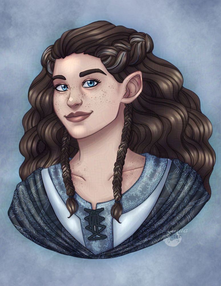 Digital illustration of a young female halfling with freckled fair skin and Blue eyes. She has sof brown hair that's styled into a couple braids that start at her temples and behind her ears. While the rest of her wavy hair cascades past her shoulders. She's wearing a combination whites and blues.