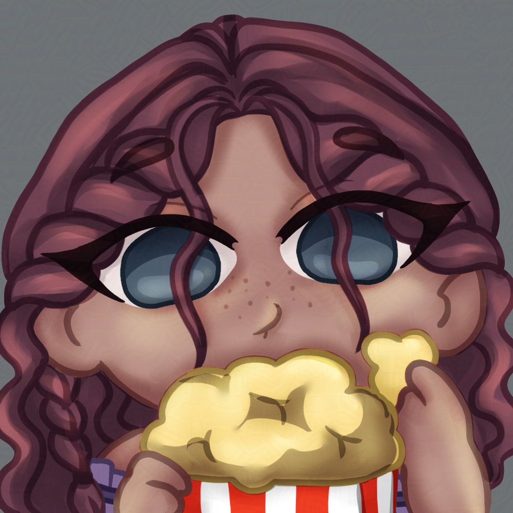Emote of a girl wearing purple and green with long pinkish hair; eating popcorn