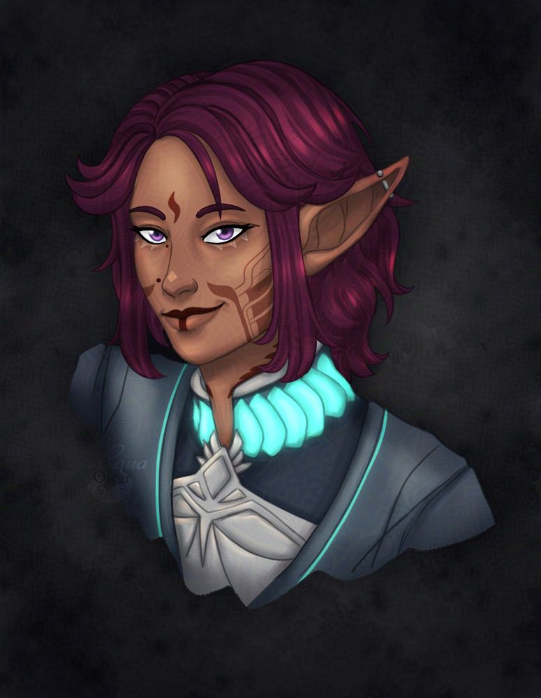 Digital illustration of a young elf with tanned skin covered in a variety of tattoos, and bright violet eyes. Their wine colored hair stops just above their shoulders with two longer strands in front of their pointed ears. Their clothes are roguish with glowing cyan bits.
