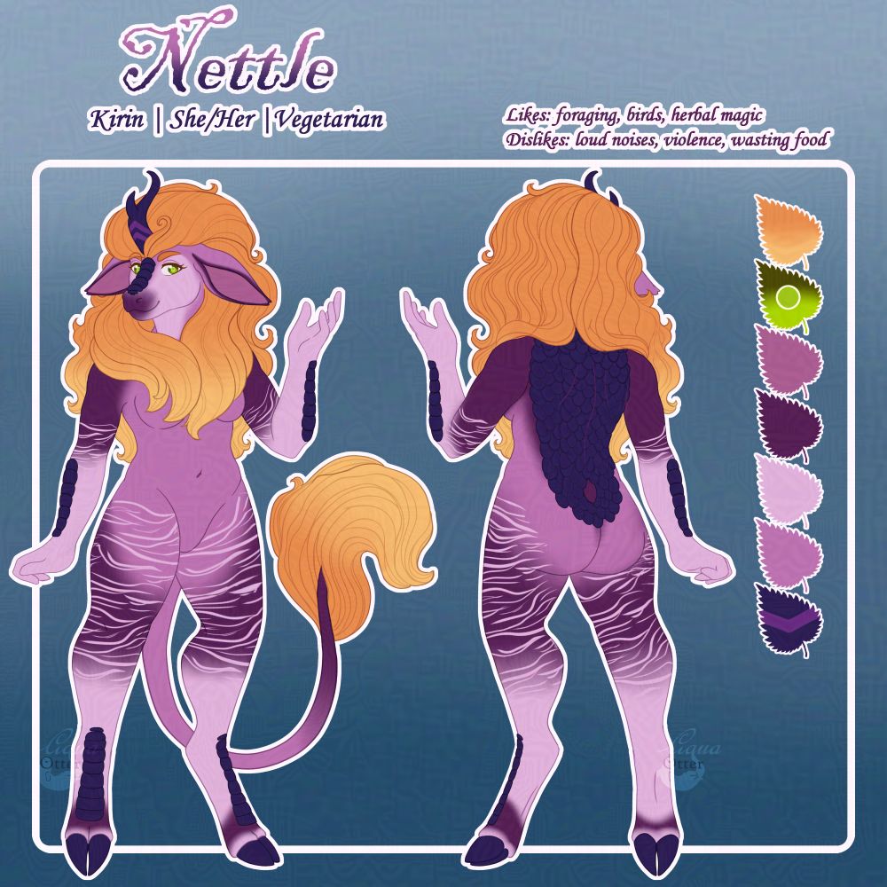 Character reference sheet for "Nettle," an anthropomorphic female kirin. The sheet shows front and back views, a color palette, and a small written character bio.