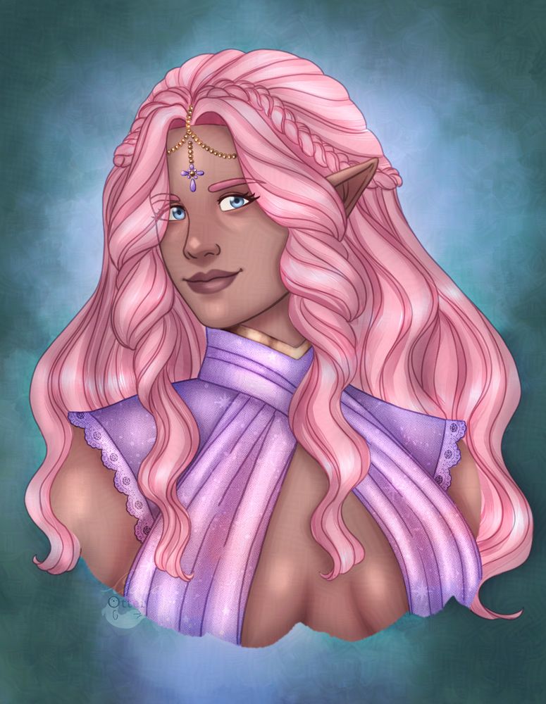 Digital illustration of a young half elven woman with long soft pink wavy hair styled with a braids around the crown of her head. She has light blue eyes and sunkissed skin. She's wearing a mixture of purples and pinks.
