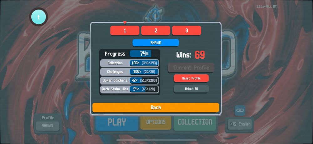 A Balataro user profile showing 69 wins. Nice. 