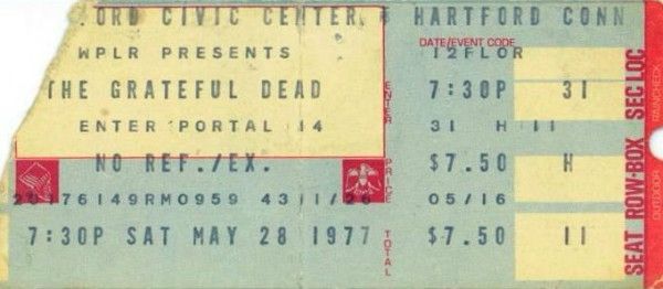 Ticket stub from a concert by the Grateful Dead, May 28, 1977, Hartford Civic Center. 