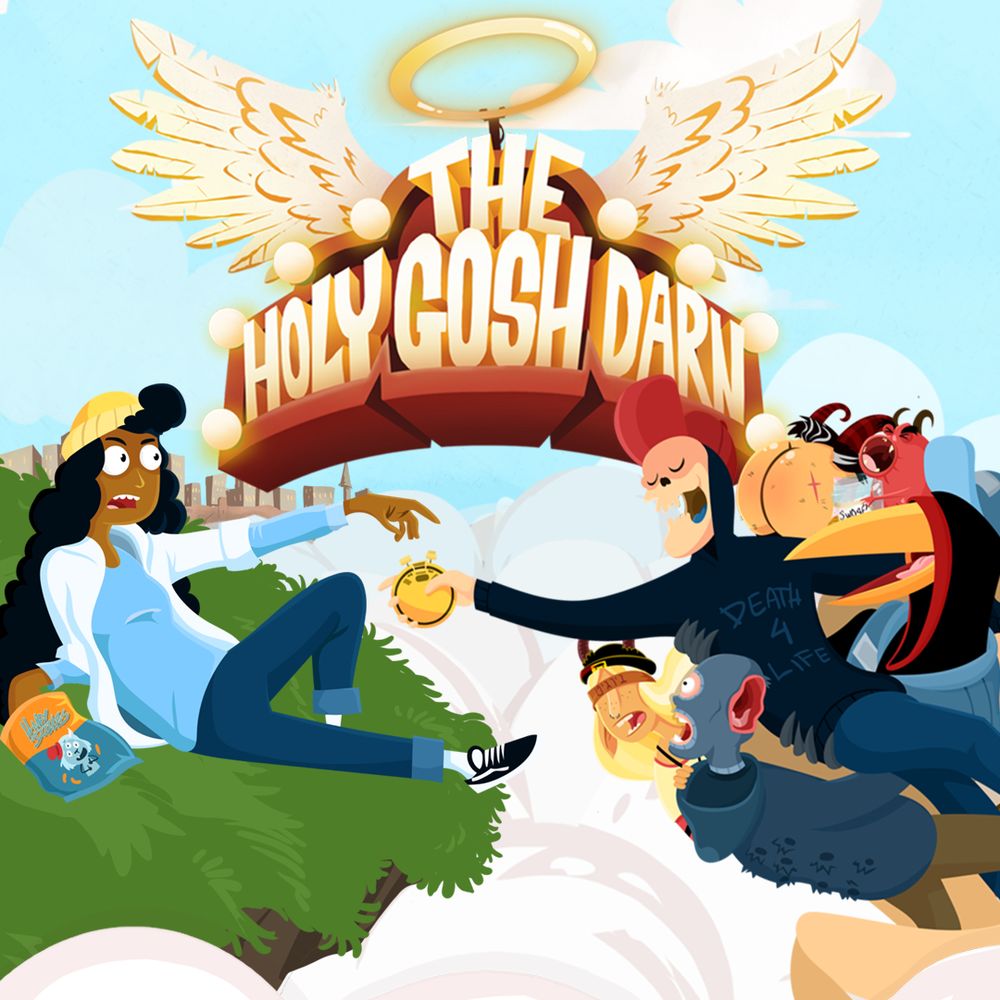 Artwork for The Holy Gosh Darn. In a bright cartoon style is a character with long black hair and a yellow hat sat on a grass cliff. She has her hand in a bag of delicious snacks called honeydoodles. She is reaching across some clouds to a skeleton in a red snapback, death. Death is holding out a golden stopwatch and is surrounded by a host of other crazy characters from the game. Behind them is The Holy Gosh Darn logo with wings and a halo.