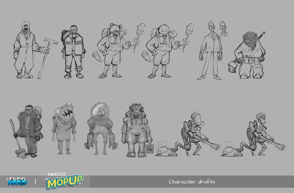 Concept art for Monster Mop Up. Image shows lots of hand drawn character ideas from human looking cleaners to janitorial aliens!