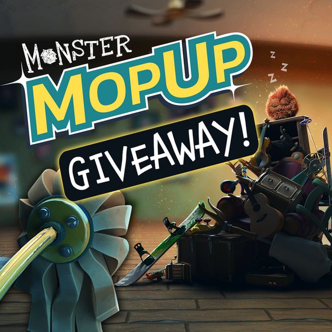 Artwork for Monster Mop Up giveaway. There is a fluffy orange round monster asleep on top of a file of furniture with a mop on the left. Text reads "Monster Mop Up Giveaway!".