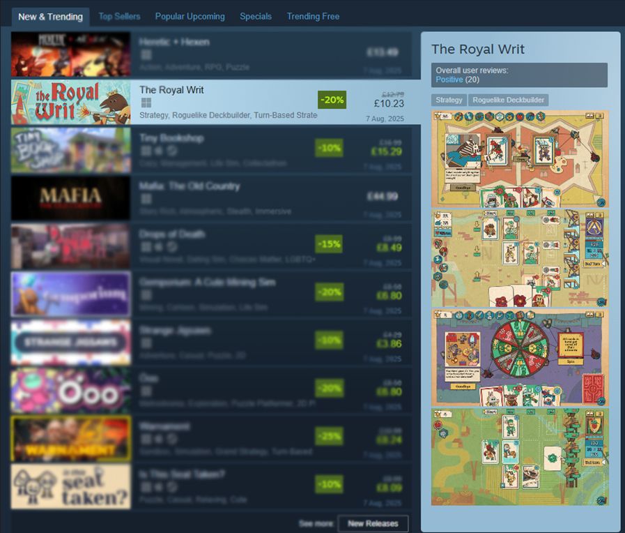 Screenshot of The Royal Writ at second to top of new and trending on Steam.