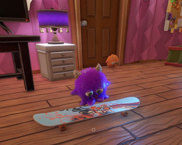 Screenshot from Monster Mop Up. Purple monster is on a skateboard.