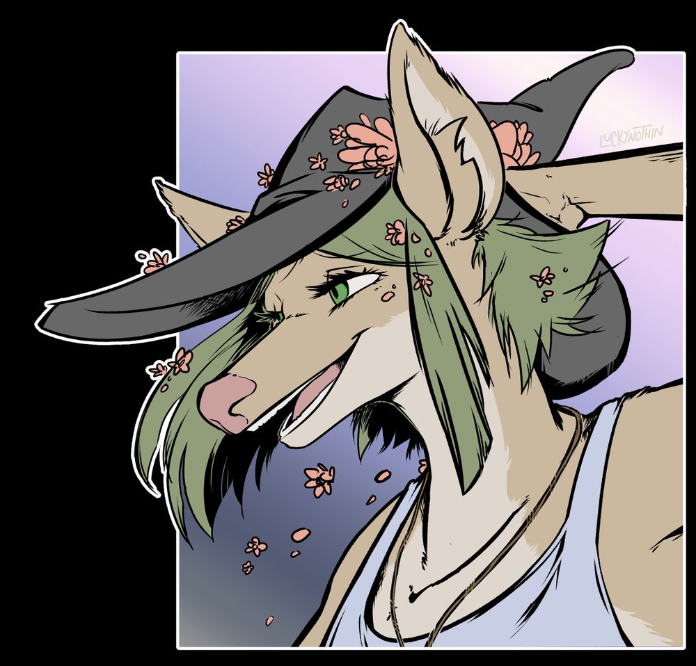 A deer furry with a witch hat and surrounded by small flowers