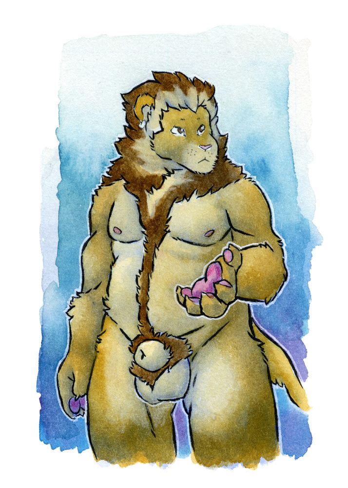 Watercolor illustration of a heavyset lion with a dark mane that runs from his head and shoulders to his pubic fur.  His right ear is pierced, and he's gesturing as though suggesting something.