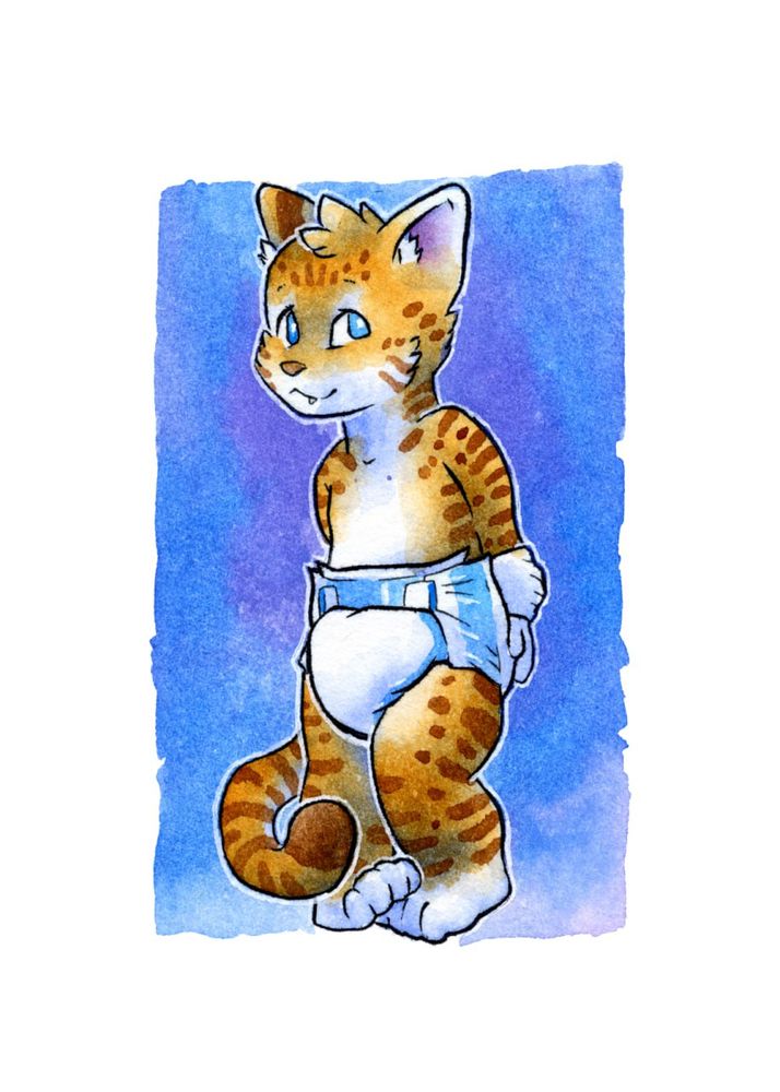 Watercolor illustration of a cartoon tabby kitten.