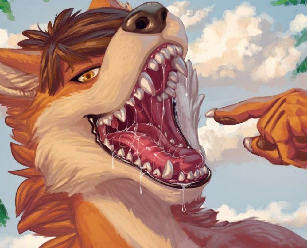 Dhole pointing towards her mouth