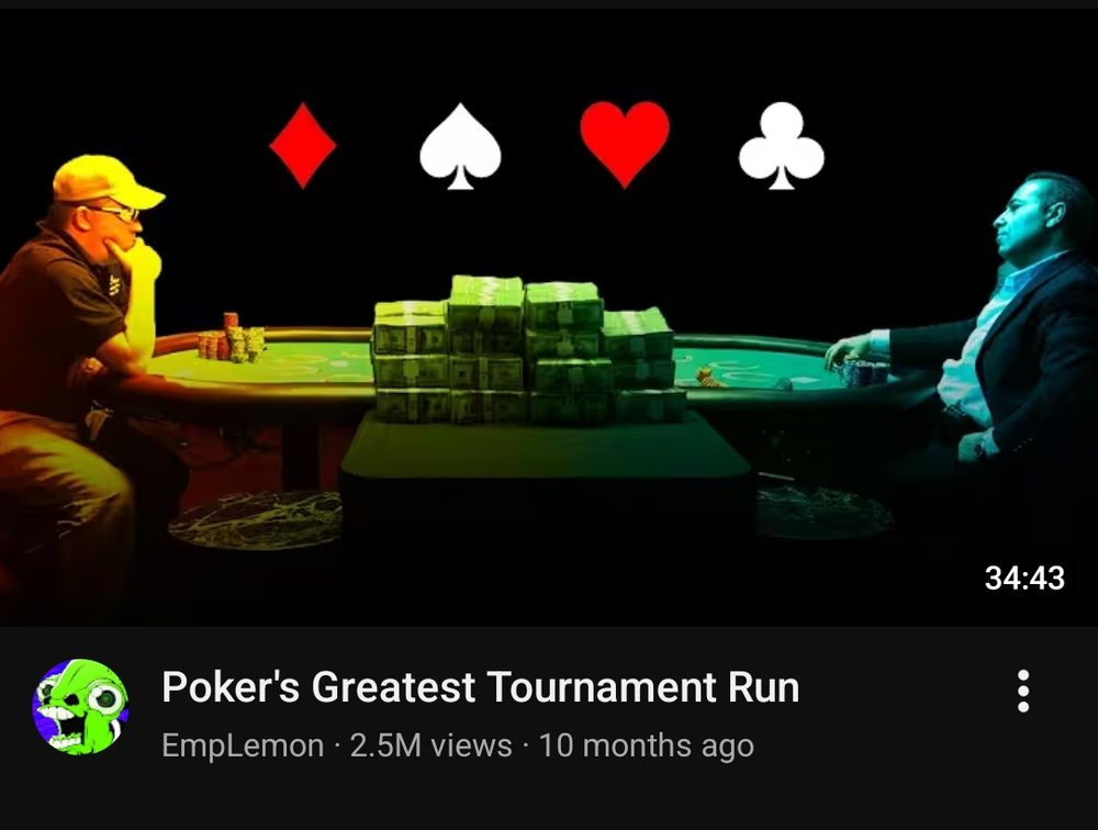 Video titulado "Poker's Greatest Tournament Run" con los 4 símbolos de los palos del póker en la miniatura