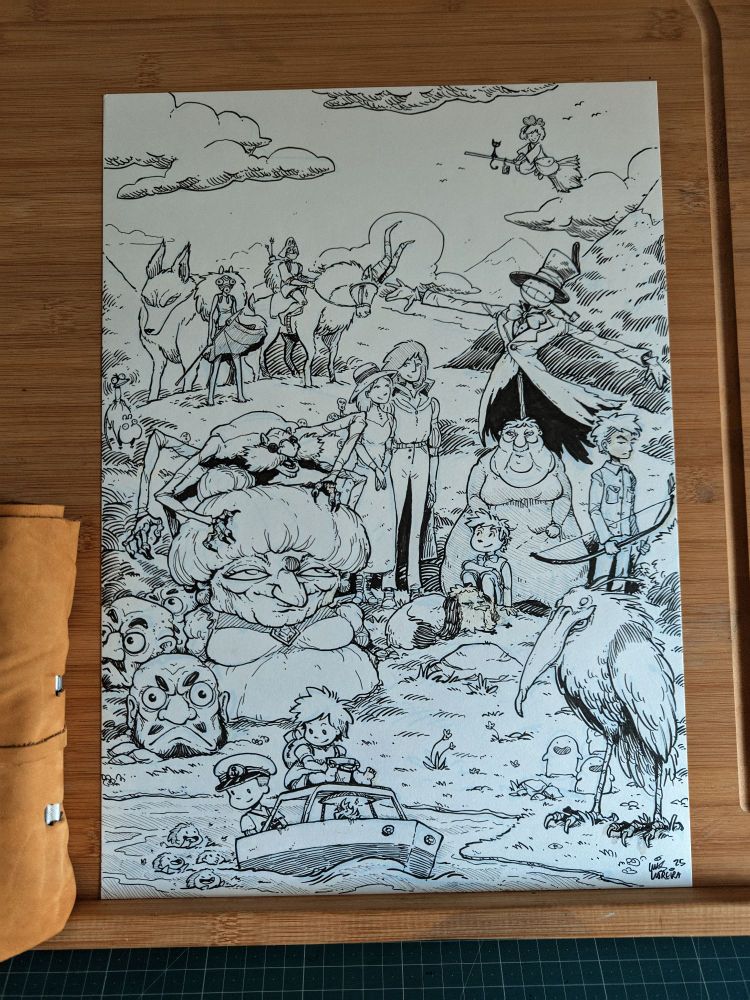 A Ghibli fanart piece illustrated in traditional ink, it's made with stylized art style with fanart of several miazaki movies like ponto, Chihiro Journey, the boy and the heron , Kiki , howls moving castle and more , all made with a kuretake pen 