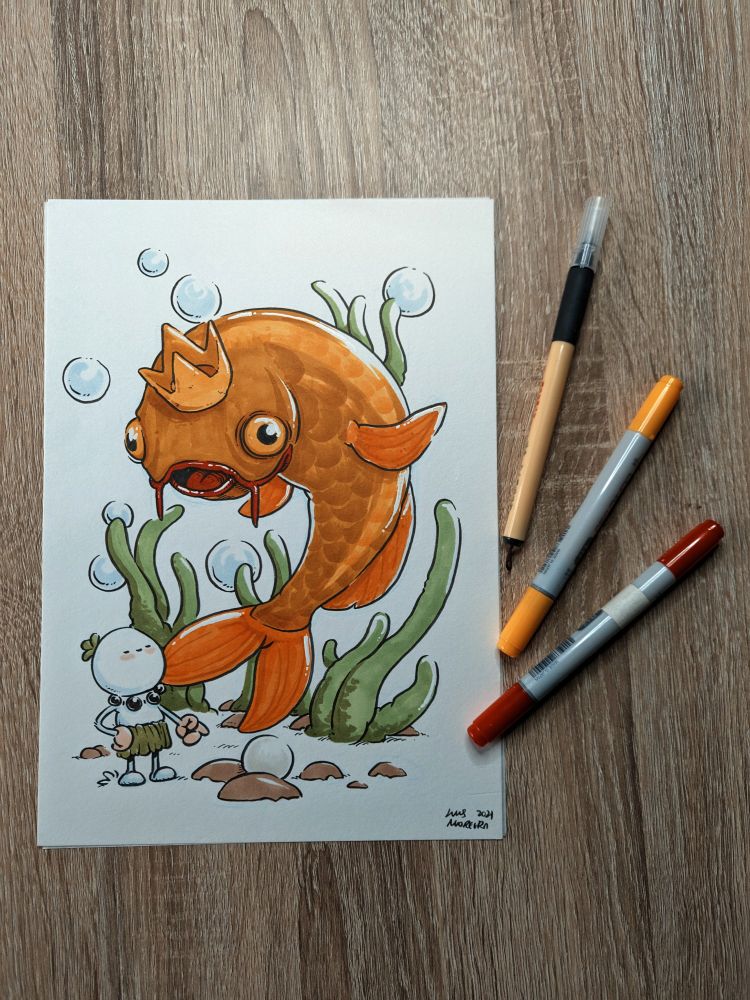 Copic drawing or illustration inked then painted with copic , it shows a cute character showing his finding to the fish king 👑