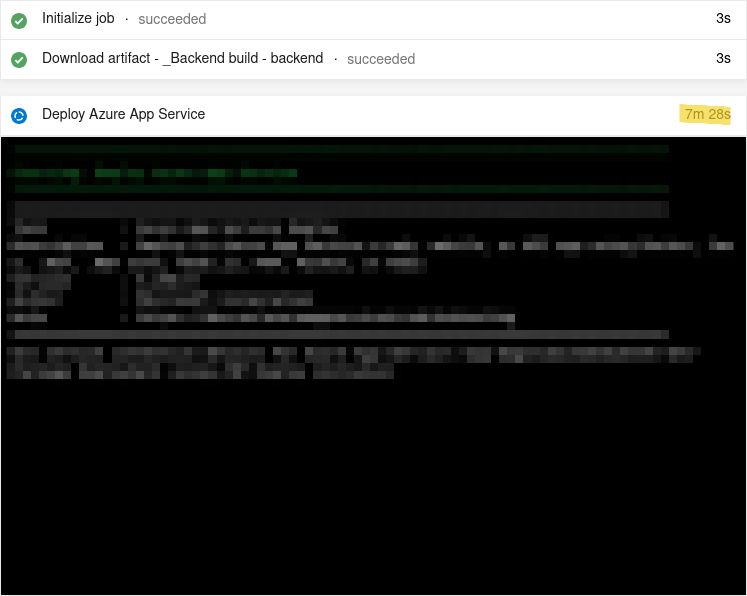Screenshot of an Azure App Service Deployment, timer at 7 minutes, 26 seconds and still going...