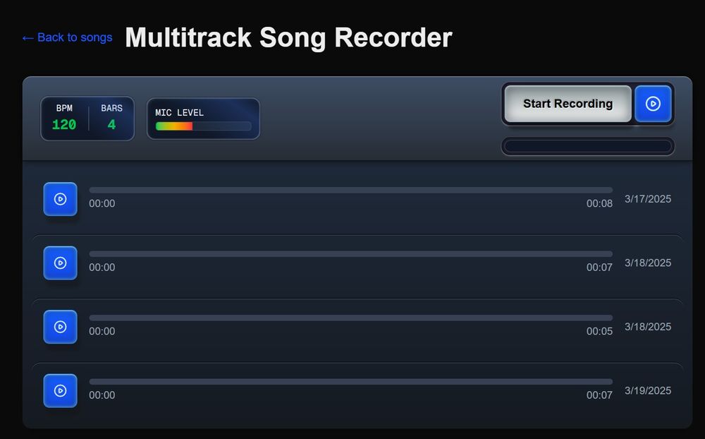 Screenshot of web interface for a multitrack song recorder