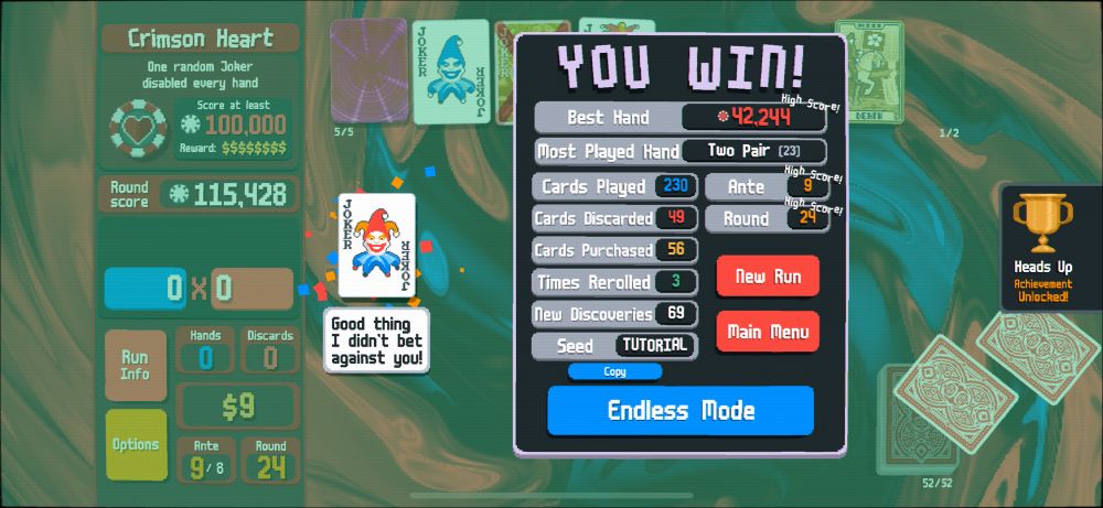 Beating a run of Balatro on my first time playing the game