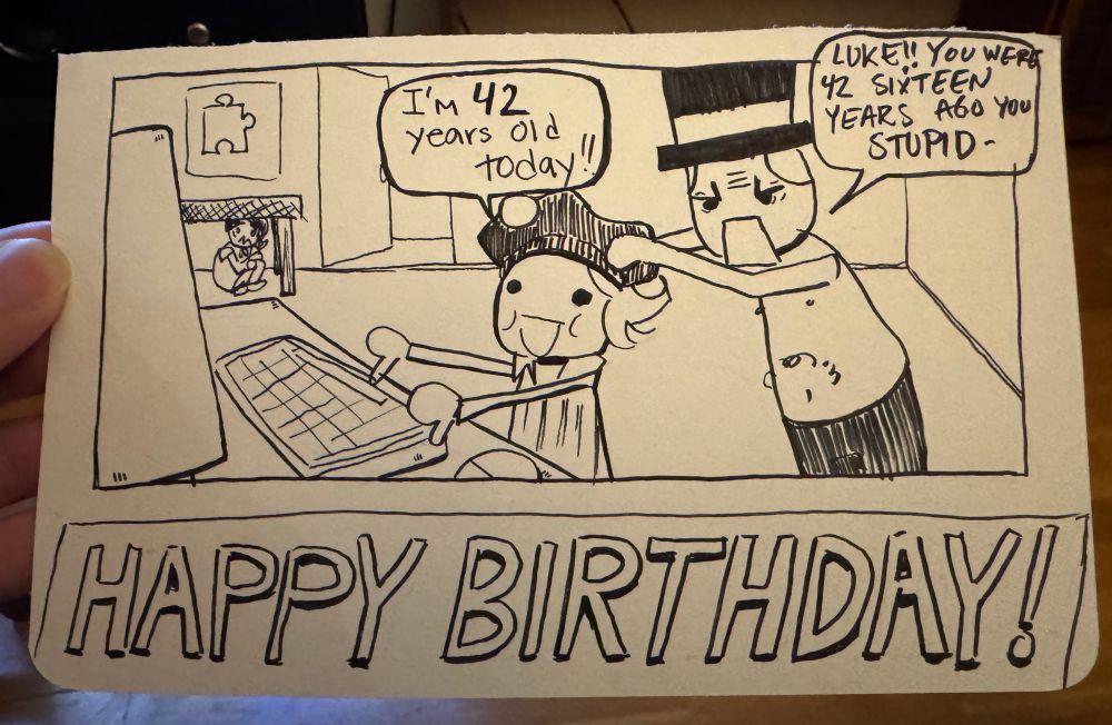 A drawing of Luke shouting that’s he’s 42 years old while Layton yells at him and Flora hides under a table.