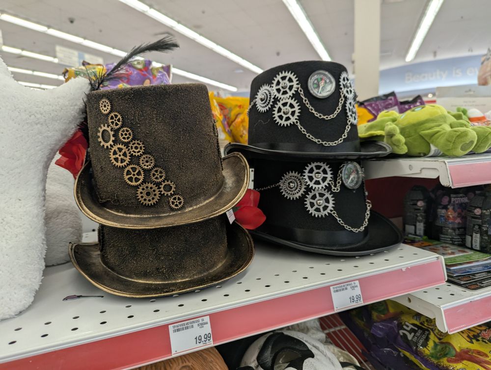 top hats with attached gears for the steampunk crowd, priced at 19.99