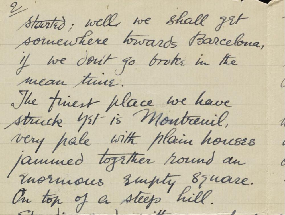 snapshot of a letter reading "the finest place we have struck yet is Montreuil, very pale with plain houses jammed toegher round an enormous empty square. On top of a steep hill." 