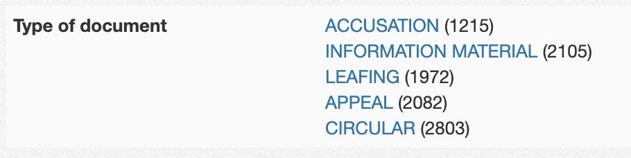 Screenshot reading "Type of document: Accusation, Information Material, Leafing, Appeal, Circular"