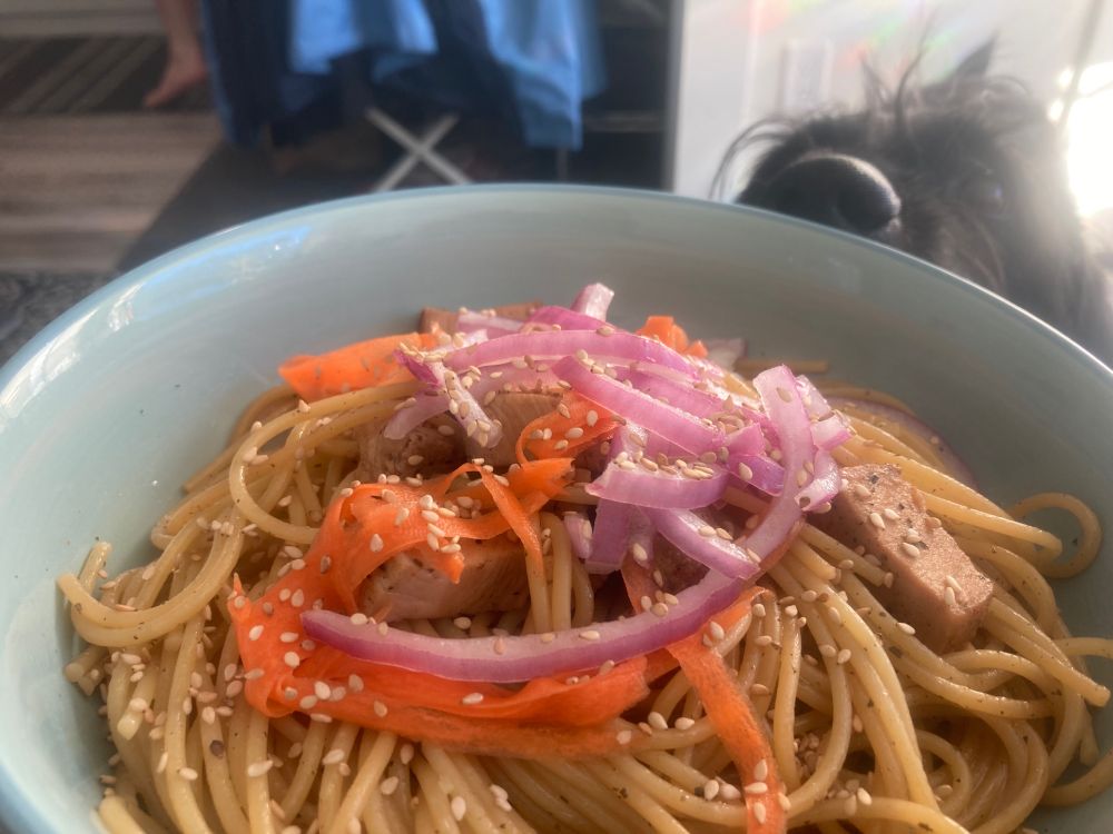 A bowl of “Makeshift Prosperity Noodles” featuring quick-pickled carrots and red onions made by Chef [Matt] Stebbins, with an adorable black dog’s cute snout poking out from behind the bowl, sniffing enthusiastically. That sweet snout belongs to our pup, Toya, who most definitely should not be so interested in onions. 