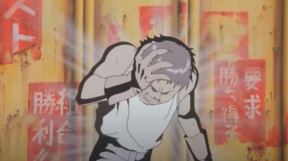 cartoon image of a boy with dark hair covering his head as if he has a headache.