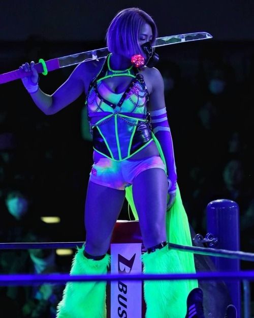 Stardom wrestler Hana Kimura in her Tokyo Cyber Squad entrance gear.