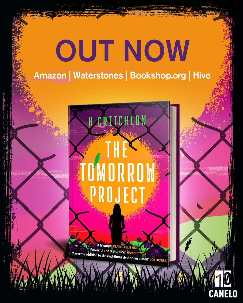 Brightly coloured cover of The Tomorrow Project showing the silhouette of a girl through a broken fence 