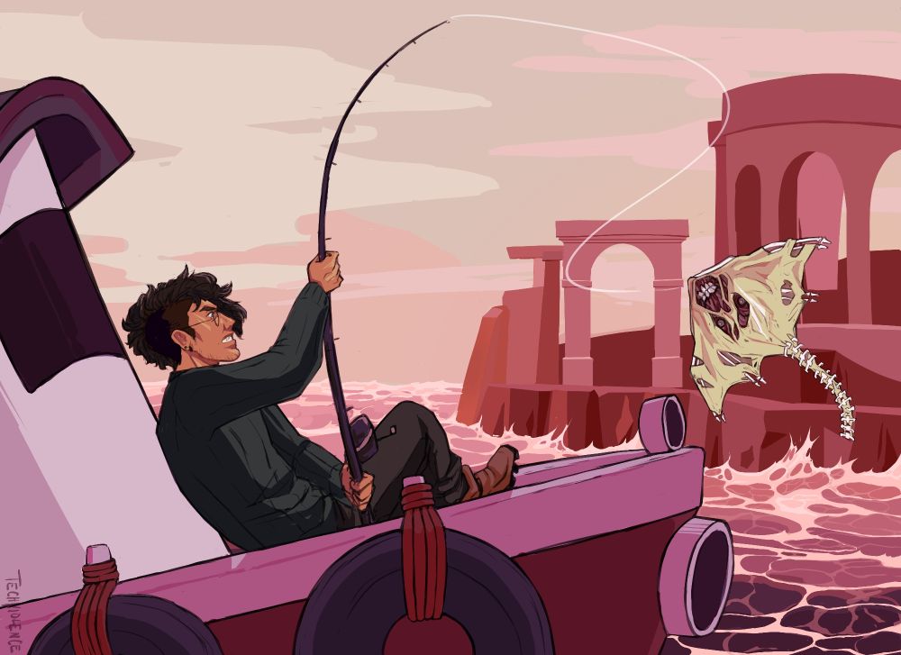 A person on a boat is pulling a defaced skate from the water with their fishing rod.