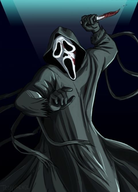 Ghostface swinging a bloody knife