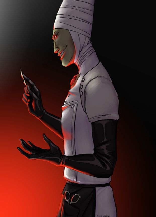 Valdemar from the game The Arcana. They are in profile facing the left, looking at the camera and grinning. They are holding a scalpel.