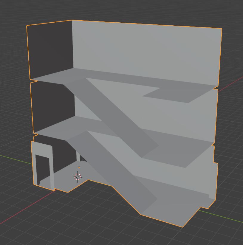 A screenshot of the 3D viewport in a modelling app, showing a stairwell with a ground floor and two landings.