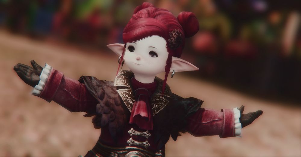 A happy lalafell extending her arms in dance. She wares a beautiful rolandberry coat to complement her hair color.
