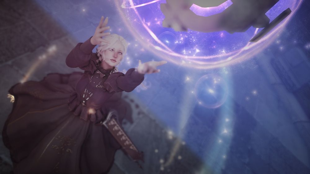 Rebekah casting a spell. She looks content.