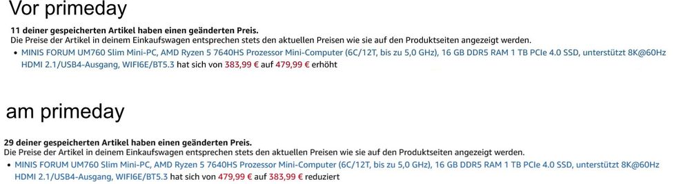 Screenshot von Amazon. Der Preis für ein Produkt ging am Tag vor dem primeday hoch und am primeday auf exakt den vorherigen Preis runter.