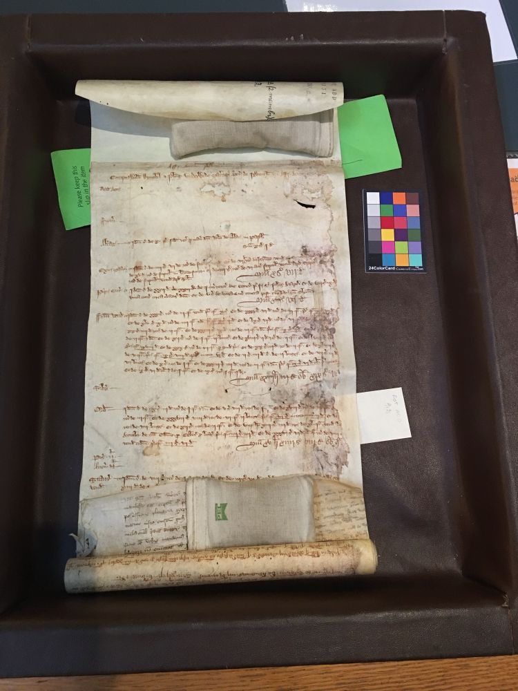 A Medieval English parchment roll (Rot Add 9131) on a velvet lined wooden tray at the British Library. 