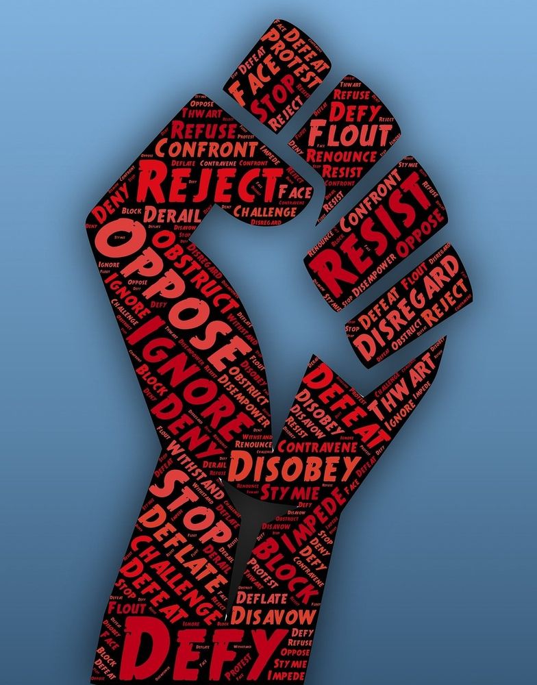 Graphic of fist with numerous synonyms for resist filling the hand