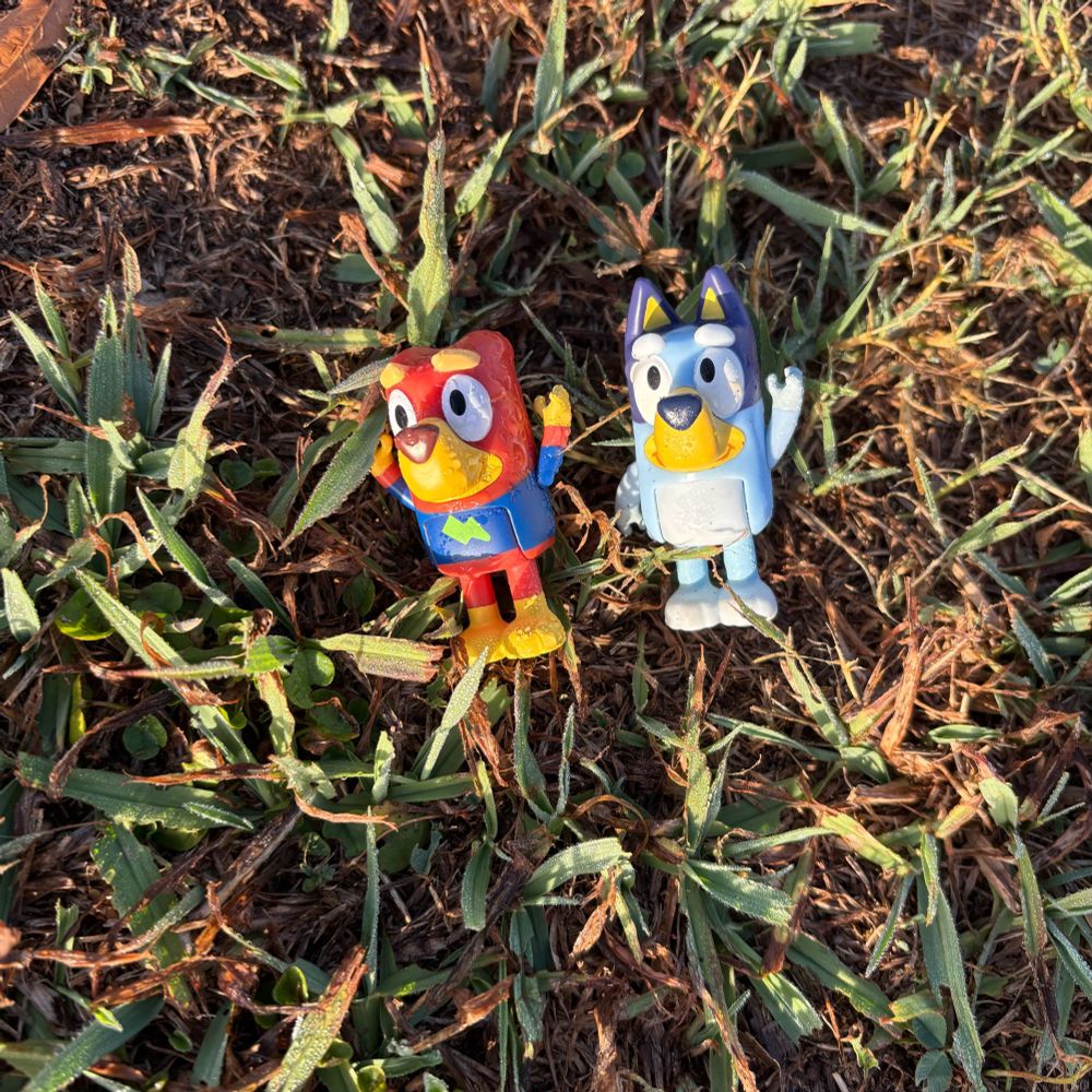 Two small Bluey figurines lying in the grass. The left figure is a brown dog with a blue shirt, with both arms raised. On the right is a blue dog figure with one arm raised. 