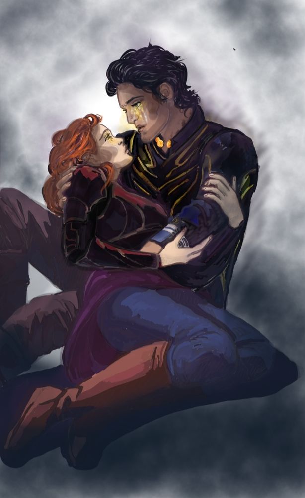 Art work of a red haired woman in the arms of a dark haired man. Their eyes are glowing and they are surrounded by shadows. Art by Ruth Frances Long featuring Grace and Bastien from her novels Mageborn  and Nightborn.