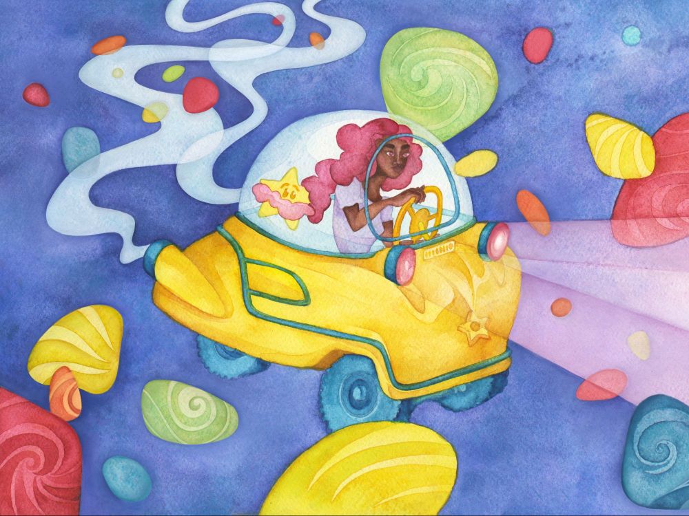 a watercolor illustration of a girl with pink hair driving a bright yellow car through outer space, surrounded by colorful asteroids that resemble fruity pebbles cereal. she is accompanied by a star-shaped companion. the title of the work is "Space Race."
