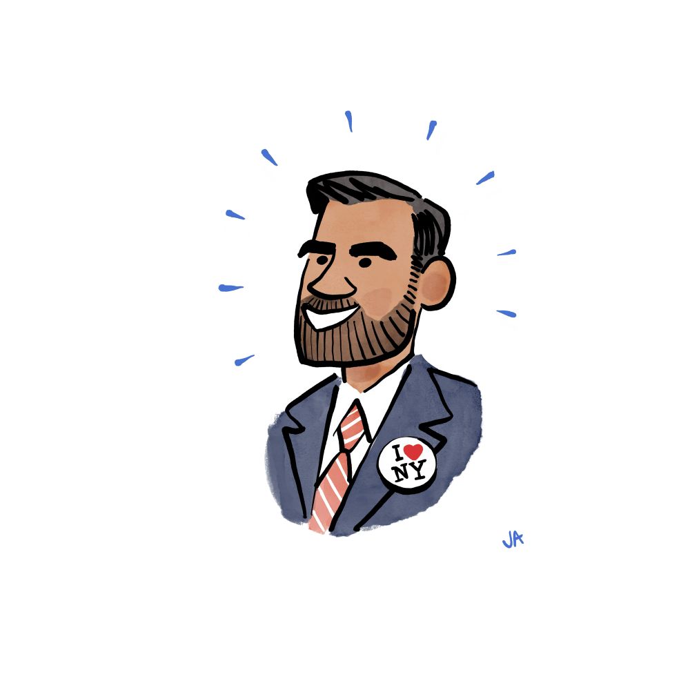 Cartoon portrait of Zohran Mamdani. 