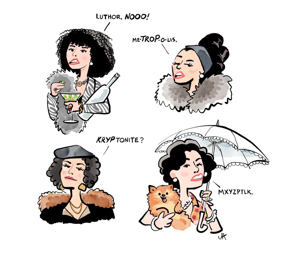 Cartoon of Parker Posey as Lex Luthor's moll, Kitty Kowalski, from "Superman Returns" ... spouting Superman dialogue in the voice of her character from "White Lotus."