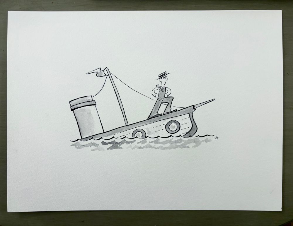 Original illustration of Buster Keaton, heroically captaining a sinking boat. 