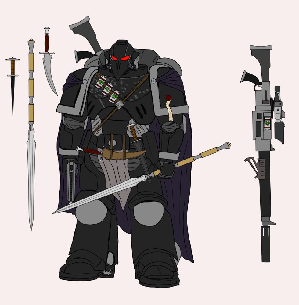 A warhammer 40k space marine in black armor. His helmet is drawn to a beaked point like a crow and he's wearing a dark purple cape. He has two knives affixed to his belt, a rifle on his back, and a bolter pistol and short spear in his hands. 