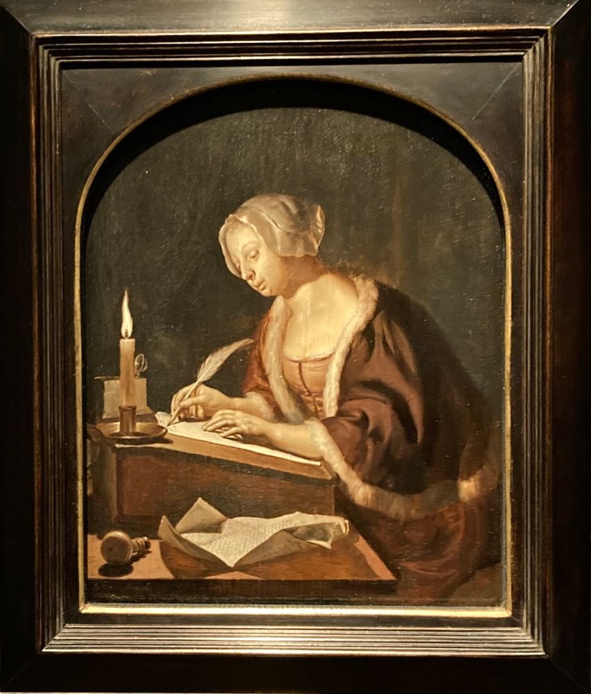 Schilderij van een vrouw die bij kaarslicht een brief schrijft. Van Frans van Mieris. 