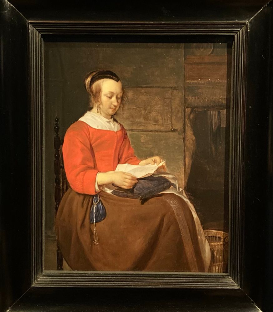 Schilderij van vrouw die een brief leest. Door Gabriel Metsu. 