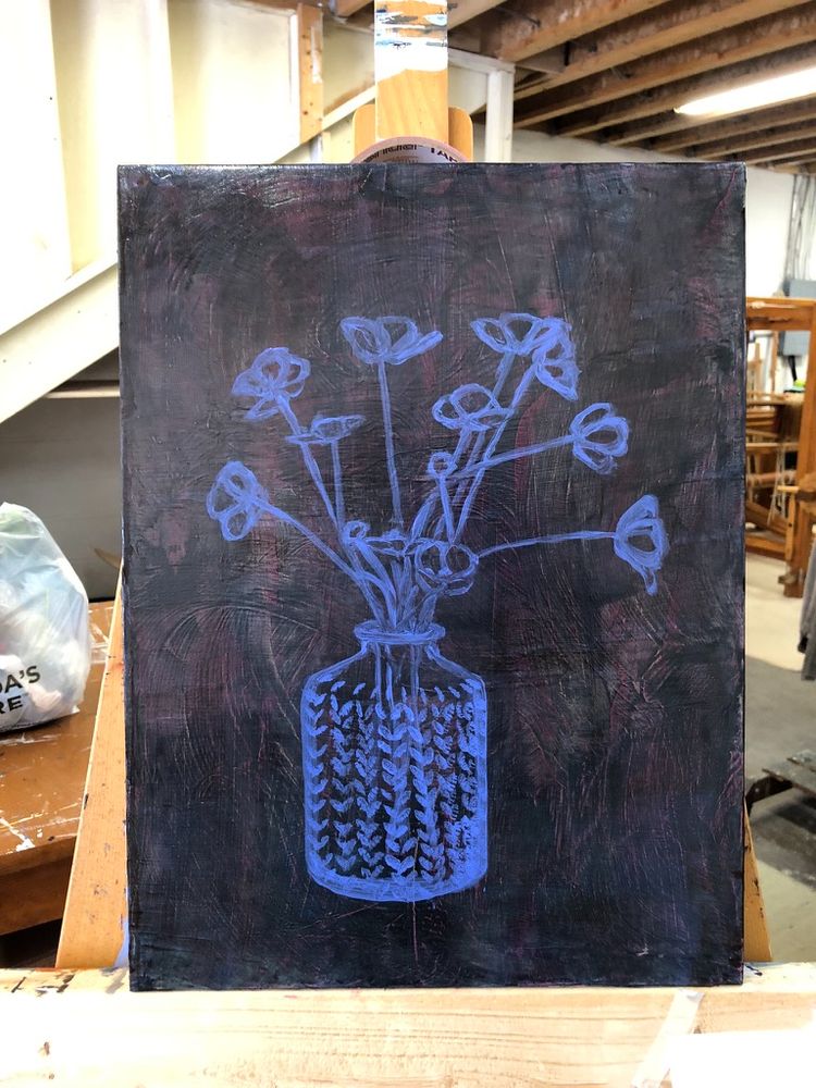 Sketch on a 12x16 board. The board has a background of deep brown/purple. The sketch is with pale violet paint. A handful of buttercups in a cut glass vase with a narrow neck. 
