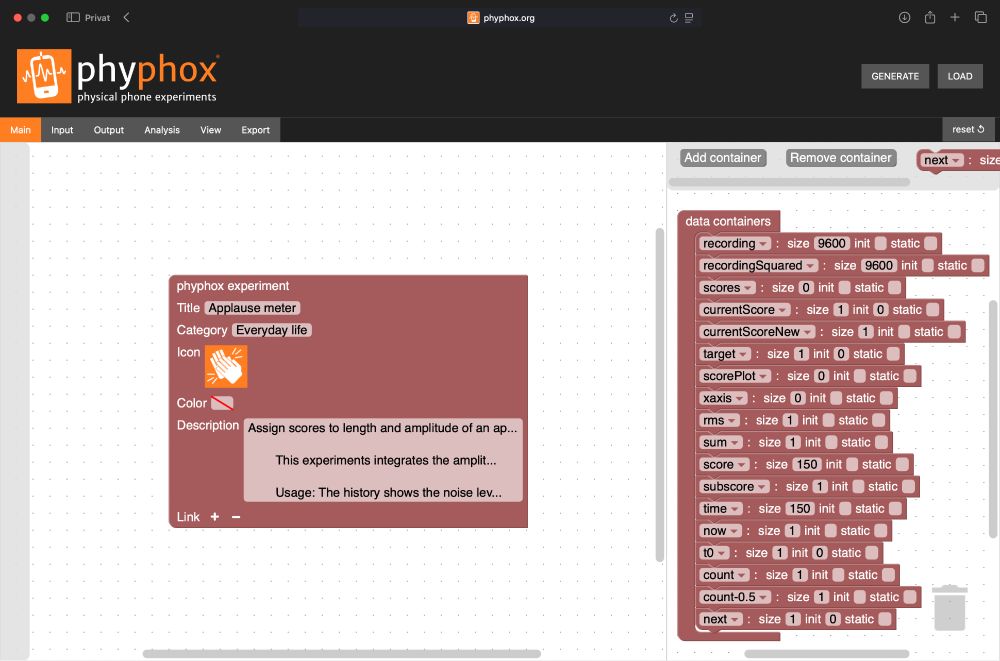 Screenshot of the phyphox web editor in a Mac safari web browser